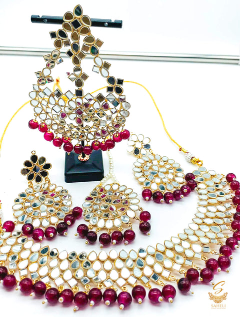 Deep MAroon colour pearls with original mirror work necklace set with earrings, tikka and Passa