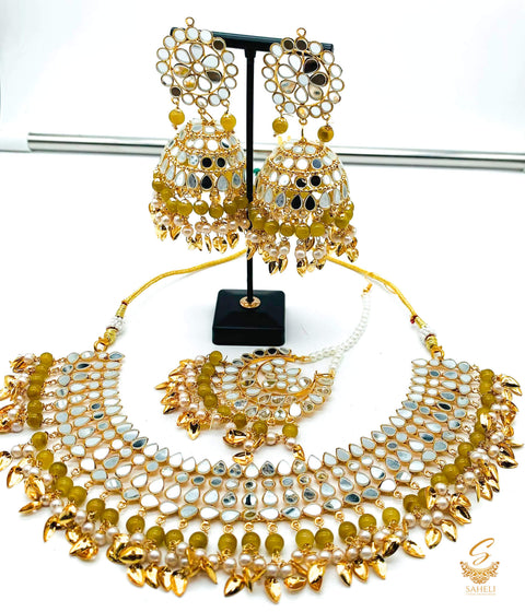 Pastel olive green colour pearls with original mirror work necklace set with earrings & tikka