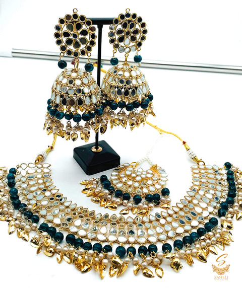 Dark Peacock blue colour pearls with original mirror work necklace set with earrings & tikka