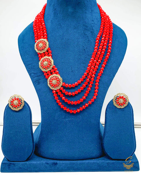 Bright Red colour jerkan stone work & pearls beaded long necklace with small studs necklace set