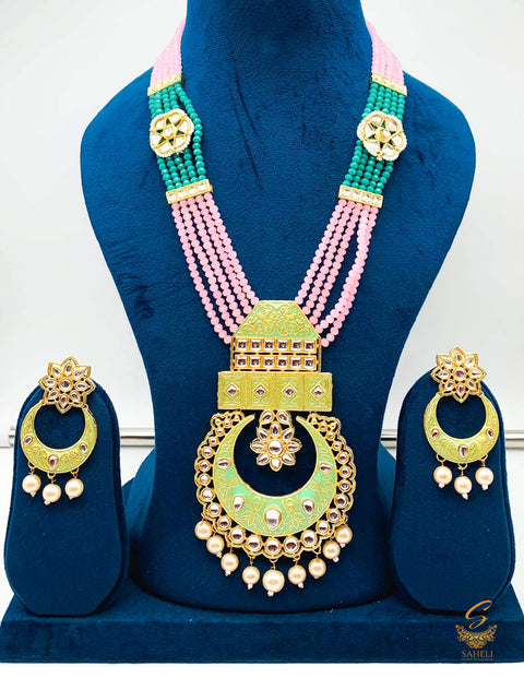 Mint & pink colour meenkari with kundan work pendant Long rani haar with pearl work set with beautiful design earrings
