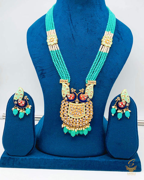 Teal colour beads work with kundan stone meenakari work Peacock design beautiful rani haar necklace set