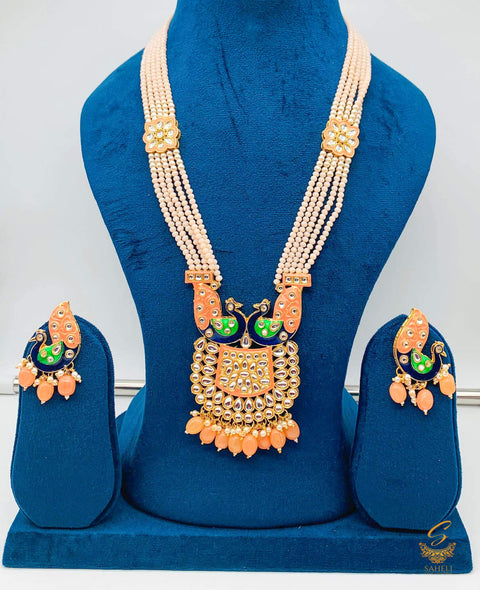 Peach colour beads work with kundan stone meenakari work Peacock design beautiful rani haar necklace set