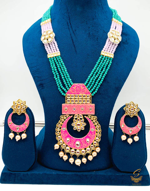 Mint & pink colour meenkari with kundan work pendant Long rani haar with pearl work set with beautiful design earrings