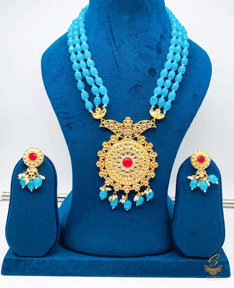 Firozi  colour beads work with kundan stone beautiful rani haar necklace set