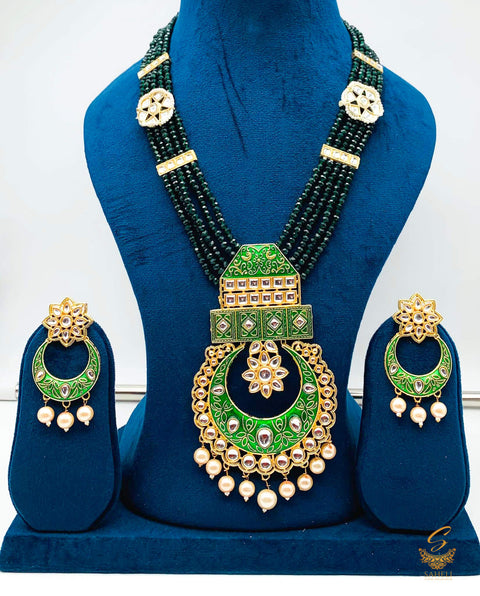 Deep Kai Green colour meenkari with kundan work pendant Long rani haar with pearl work set with beautiful design earrings