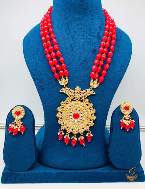 Cherry colour beads work with kundan stone beautiful rani haar necklace set