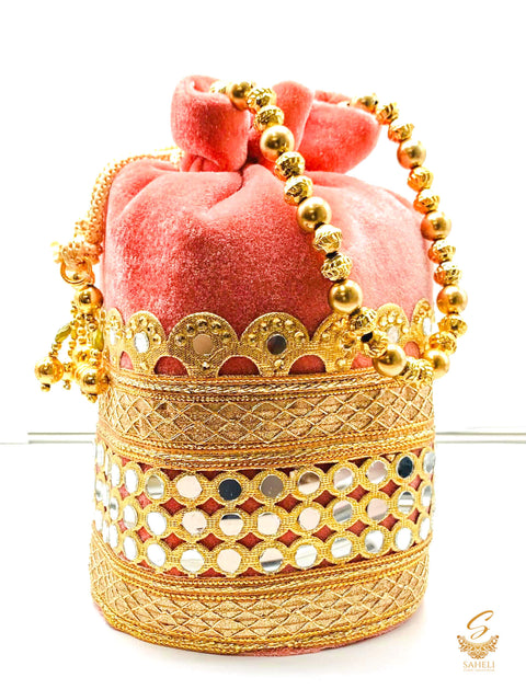 Rose Pink  colour velvet based mirror work with pearl work handle beautiful Potli Bag