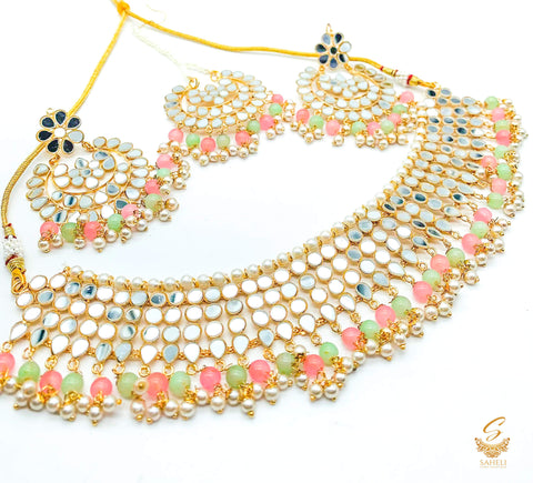 Pastel Mint & Pink colour pearls with original mirror work necklace set with earrings & tikka