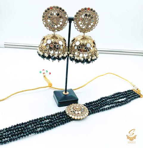 Black colour beads work & original mirror work design choker necklace with Jhumka