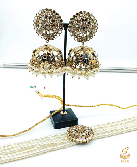 White colour beads work & original mirror work design choker necklace with Jhumka
