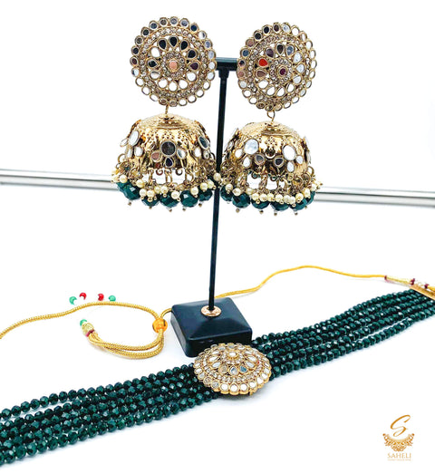 Deep Kai Green colour beads work & original mirror work design choker necklace with Jhumka