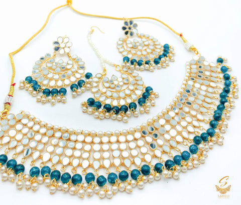 Dark Pine green colour pearls with original mirror work necklace set with earrings & tikka