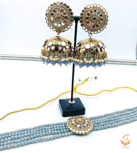 Grey colour beads work & original mirror work design choker necklace with Jhumka