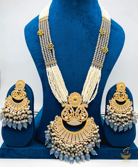 Grey colour meenkari with kundan work pendant Long rani haar with pearl work set with beautiful design earrings