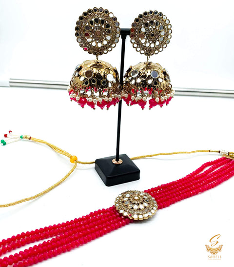 Mazenta Pink colour beads work & original mirror work design choker necklace with Jhumka