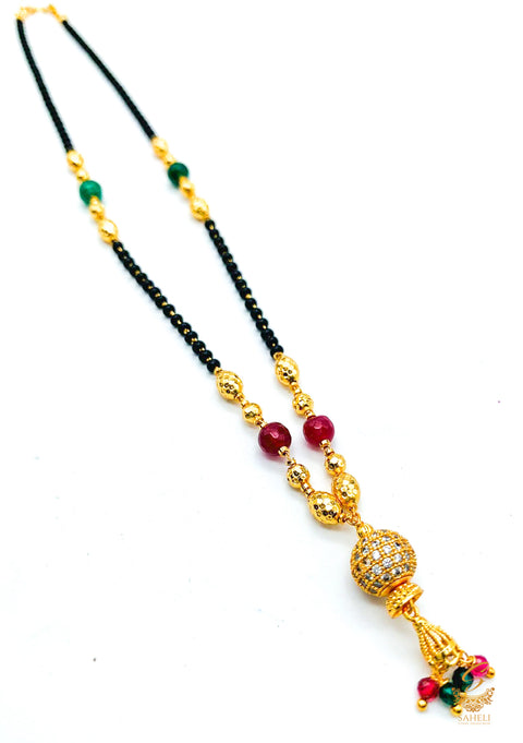 Green & Maroon Stone With Jerkan Gold Plated (Artificial) Mangalsutra With Artificial Black Beads Chain, Apx Size: 20-22 Cm