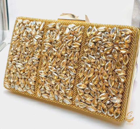 Golden colour beautiful handwork with pearl beaded & Crystal stone designer clutch