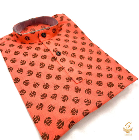 Bright Peach colour raw silk based kids printed kurta with white pajama pents