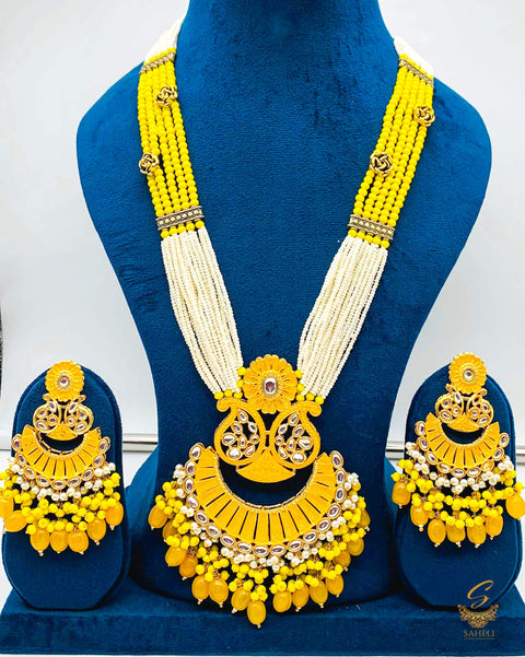 Bumblebee Yellow colour meenkari with kundan work pendant Long rani haar with pearl work set with beatiful design earrings