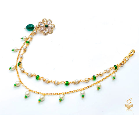 Green Polki Stone With Pearl Work Mini Nose Ring Nath