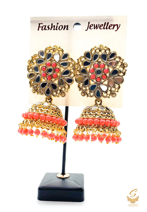 Rose pink colour pearls with mirrors work design beautiful jhumka