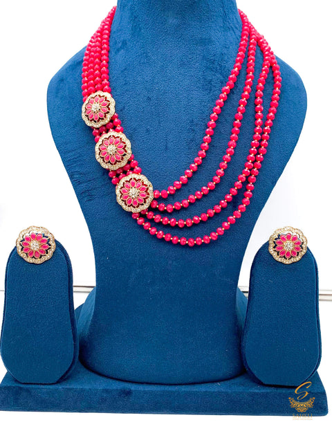 Ruby Pink colour jerkan stone work & pearls beaded long necklace with small studs necklace set