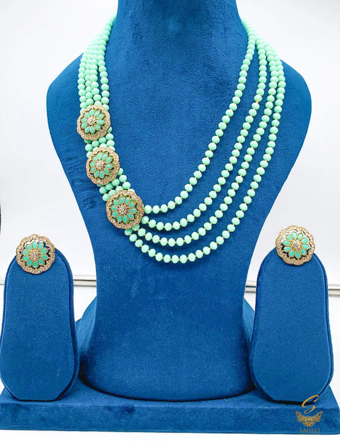 Seafoam green colour jerkan stone work & pearls beaded long necklace with small studs necklace set