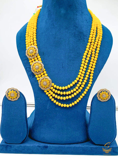 Bumblebee yellow colour jerkan stone work & pearls beaded long necklace with small studs necklace set