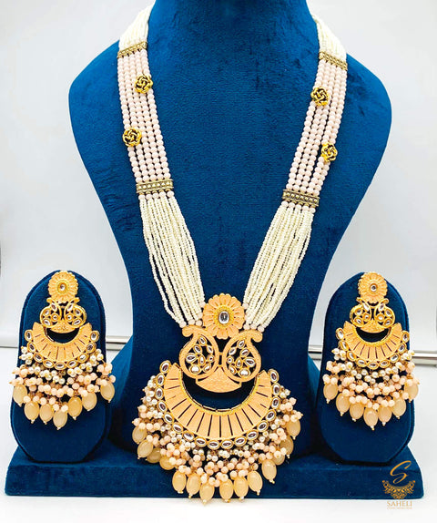 Rosegold Peach colour meenkari with kundan work pendant Long rani haar with pearl work set with beautiful design earrings