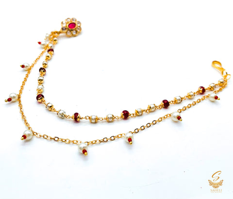 Maroon Polki Stone With Pearl Work Mini Nose Ring Nath