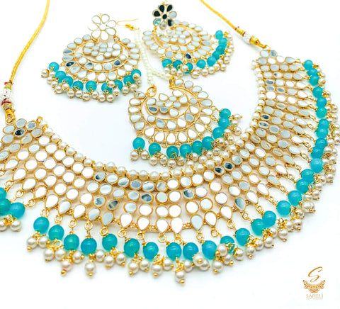 Blue colour pearls with original mirror work necklace set with earrings & tikka