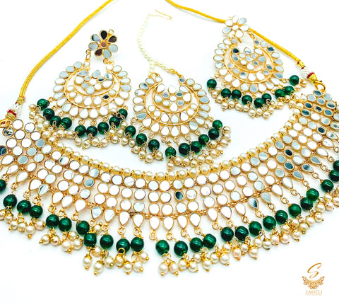 Bottle green colour pearls with original mirror work necklace set with earrings & tikka