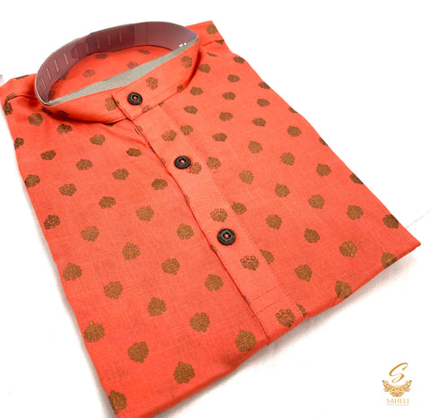 Bright Peach colour raw silk based kids printed kurta with white pajama pents