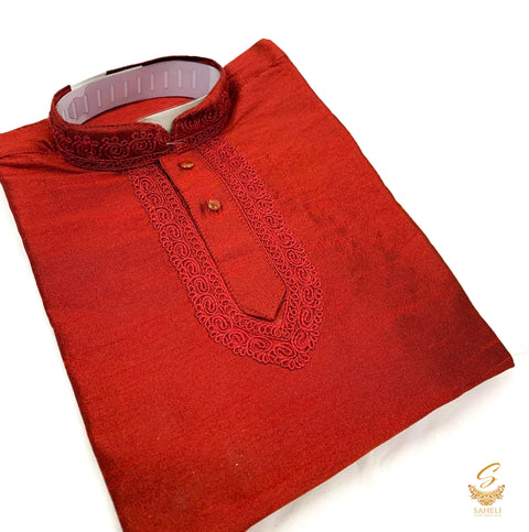 Maroon colour raw silk based kids kurta with white pajama pents
