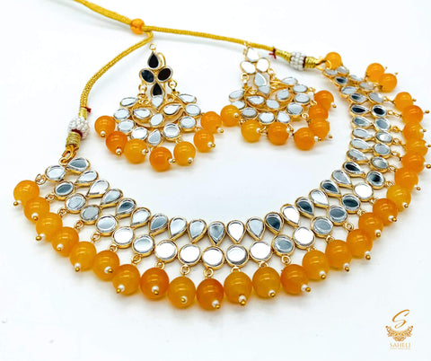 Mango Yellow Colour Pearls With Original Mirror Work Necklace Set With Earrings & Tikka