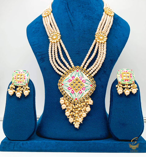 White colour beads work with kundan stone beautiful rani haar necklace set