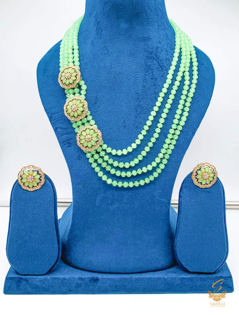Pastel Mint colour jerkan stone work & pearls beaded long necklace with small studs necklace set