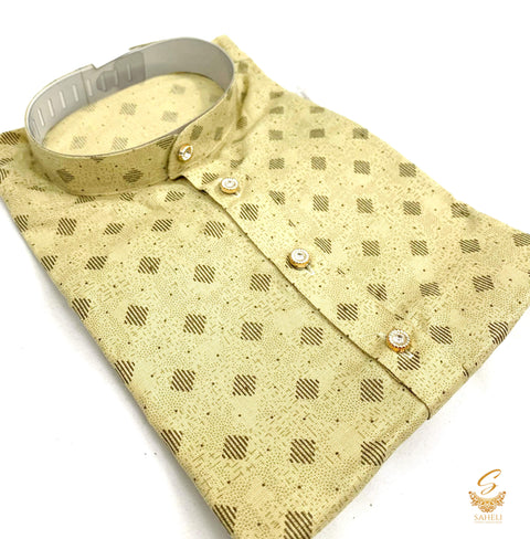 Golden colour raw silk based kids printed kurta with white pajama pents