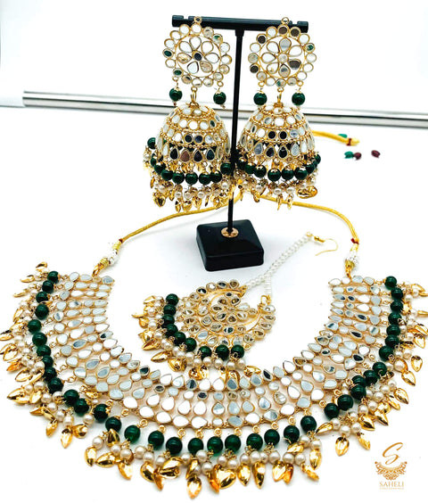 Bottle green  colour pearls with original mirror work necklace set with earrings & tikka