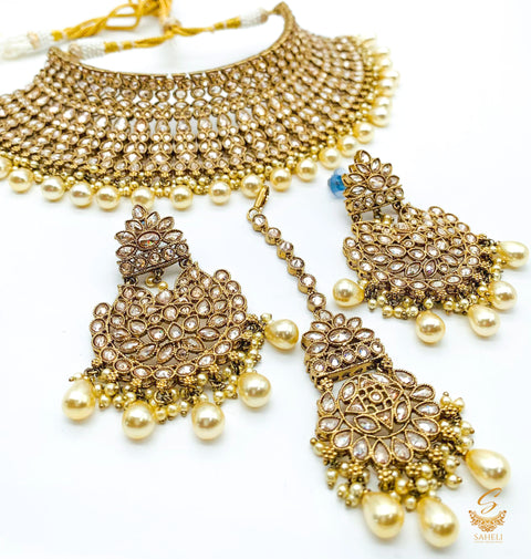 Golden Original Polki Stone Semi Bridal Necklace Set With Earrings & Tikka