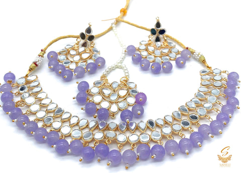 Lavender Colour Pearls With Original Mirror Work Necklace Set With Earrings & Tikka