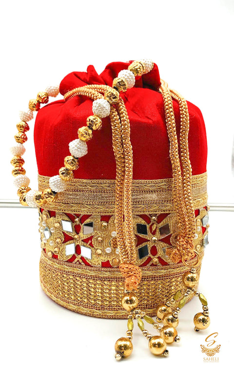 Red Colour silk Based Mirror Work With Pearl Work Handle Beautiful Potli Bag