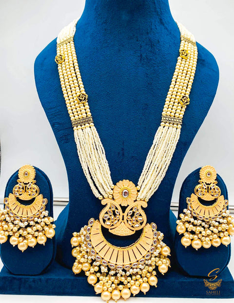 Golden colour meenkari with kundan work pendant Long rani haar with pearl work set with beautiful design earrings