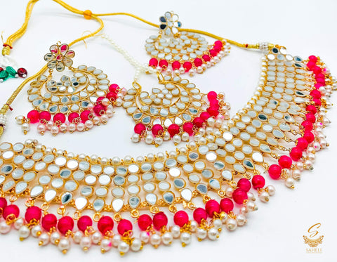 Hot Pink  colour pearls with original mirror work necklace set with earrings & tikka