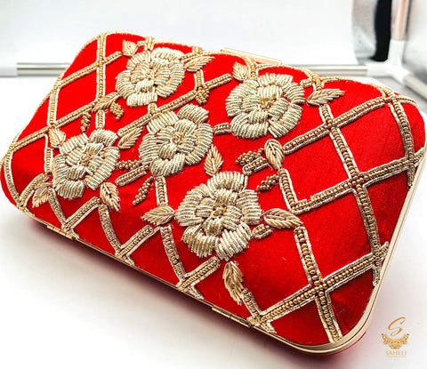 Red colour beautiful Zardosi handwork designer clutch
