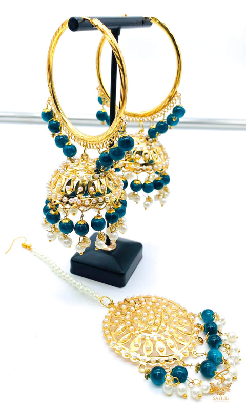 Dark Teal colour pearls work Jadau work Beautiful jhumka balian with tikka set