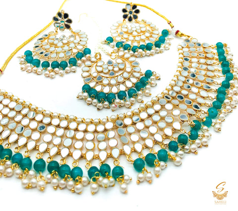 Teal green colour pearls with original mirror work necklace set with earrings & tikka