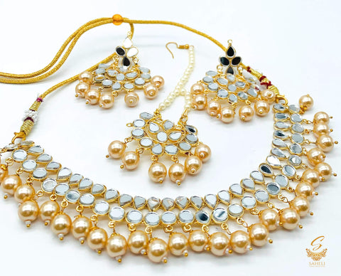 Golden Colour Pearls With Original Mirror Work Necklace Set With Earrings & Tikka