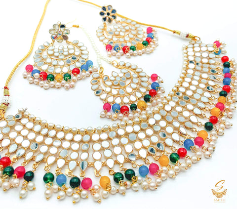 Multi colour pearls with original mirror work necklace set with earrings & tikka